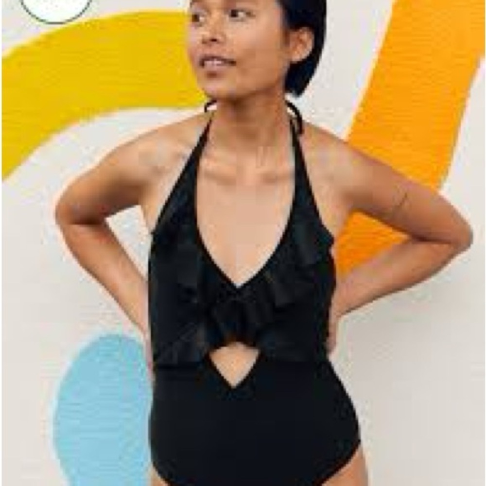 Aerie Black Ruffled, Cut-out One Piece Swimsuit Sz Medium ** see description